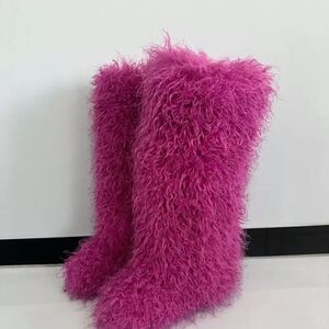 Fuzzy Pink Knee-High Boots